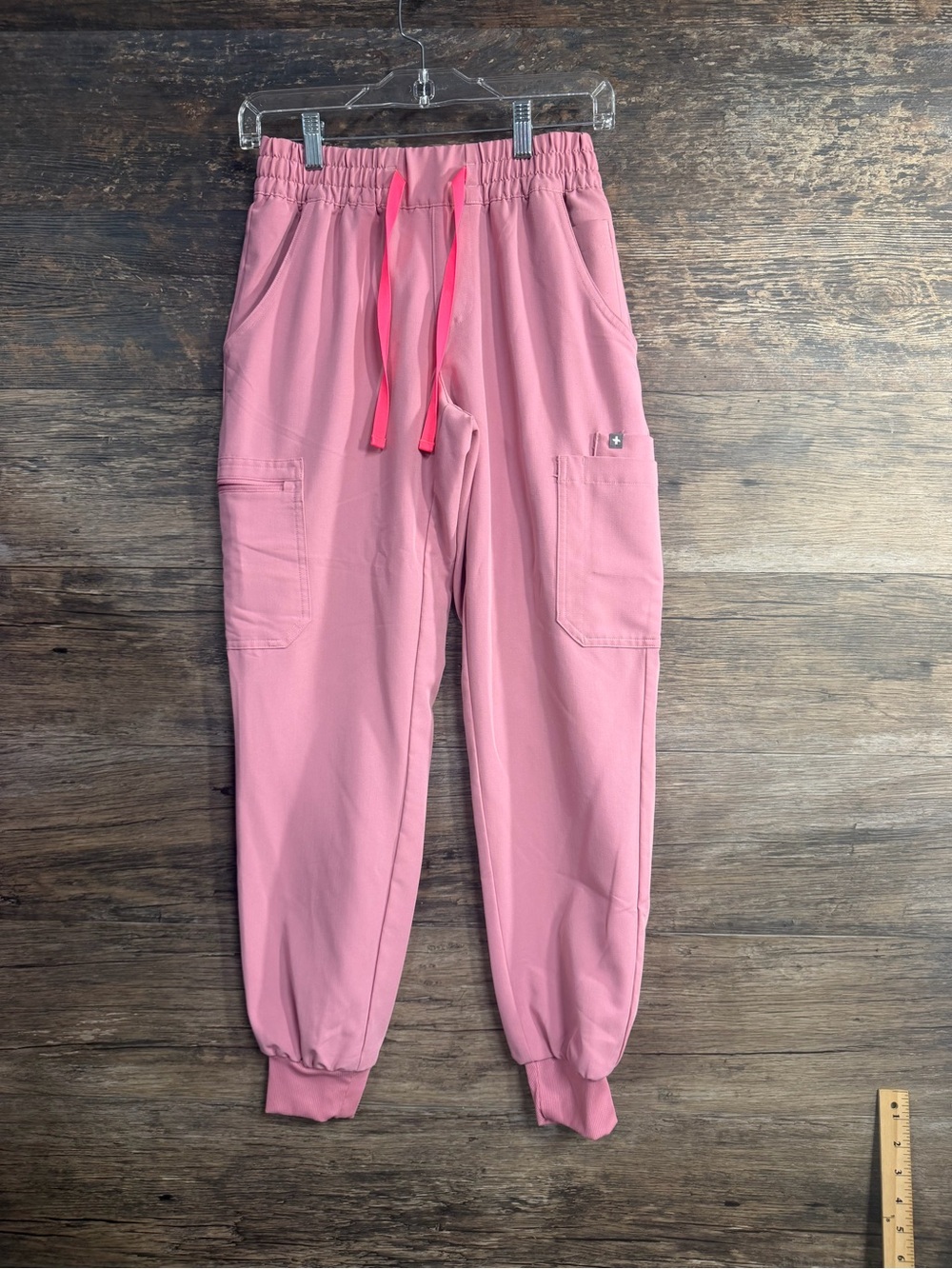 Figs Rose Pink Cargo Jogger Scrub Pants with Hot Pink Drawstring